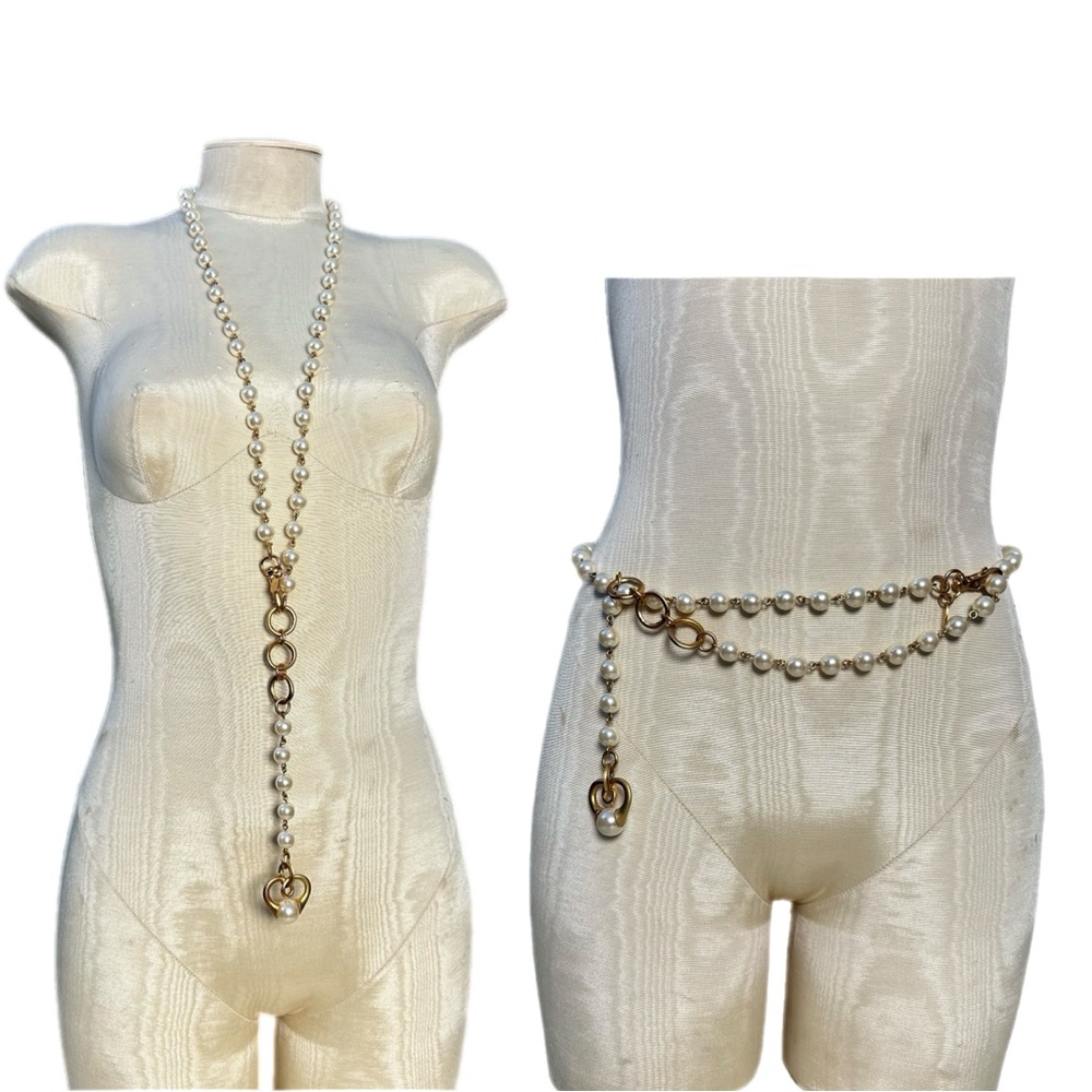 Y2K Express Faux Pearl Chain Belt Gold Tone Heart Charm Convertible Necklace